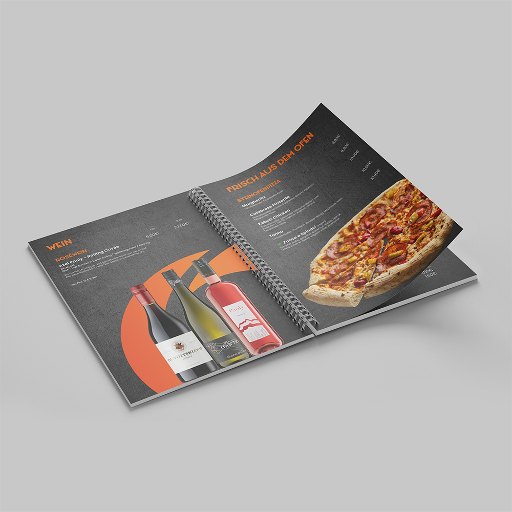 Pizza- und Weinkarte Orangebar mit Preisen und Bildern der Angebote