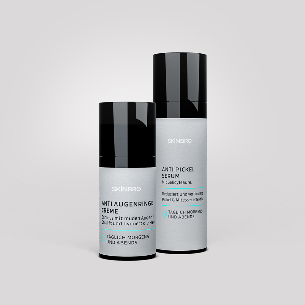 Skinbro Pflegeprodukte Anit Augenringe und Anti Pickel Serum mit Informationstexten und Anwendungszeitraum