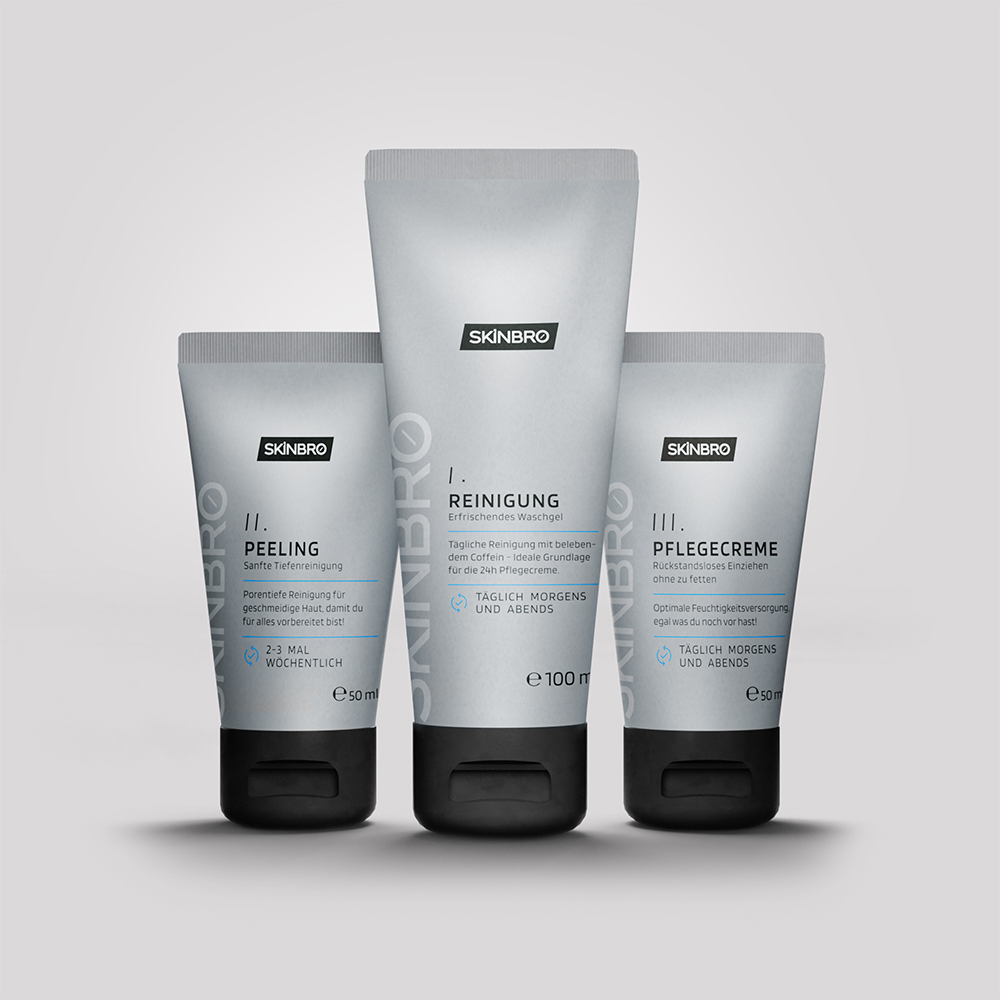 Skinbro Pflegeprodukte Peeling Reinigung Pflegecreme mit Anleitung zur Anwendung und zeitlichen Nutzung 3D Visualisiert